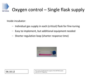 Oxygen control – Single flask supply

Inside incubator:
     – Individual gas supply in each (critical) flask for fine-tuning
     – Easy to implement, but additional equipment needed
     – Shorter regulation loop (shorter response time)




                          This course is funded with the support of the METOXIA project
06.10.12                  under the FP7 Programme.
 