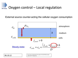 Oxygen control – Local regulation

External source counter-acting the cellular oxygen consumption


                       pO2                                                                       atmosphere
           c0
                                                                                           h     medium
       ccells                                                                                    cells
                                            j prod > 0

           Steady-state:         ccells = c0                  +
                                                                (j        cells      + j prod ) ∗ h
                                                                                           D
                           This course is funded with the support of the METOXIA project
06.10.12                   under the FP7 Programme.
 