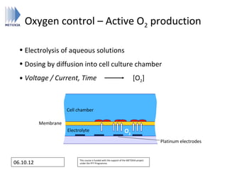 Oxygen control – Active O2 production

  • Electrolysis of aqueous solutions
  • Dosing by diffusion into cell culture chamber
  • Voltage / Current, Time                                                   [O2]



                      Cell chamber

           Membrane
                      Electrolyte                                     O2
                                                                                            Platinum electrodes


                            This course is funded with the support of the METOXIA project
06.10.12                    under the FP7 Programme.
 