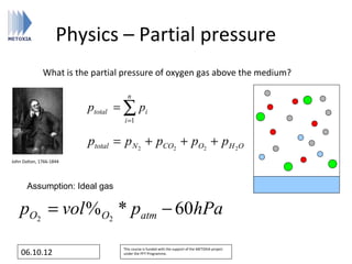 Physics – Partial pressure
              What is the partial pressure of oxygen gas above the medium?

                                   n
                         ptotal = ∑ pi
                                 i =1


                         ptotal = p N 2 + pCO2 + pO2 + pH 2O
John Dalton, 1766-1844




       Assumption: Ideal gas

   pO2 = vol % O2 * patm − 60hPa
                                 This course is funded with the support of the METOXIA project
    06.10.12                     under the FP7 Programme.
 