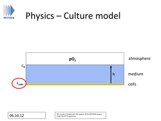 Physics – Culture model



                                   pO2                                                 atmosphere
       c0

                                                                                   h   medium
   ccells                                                                              cells




                   This course is funded with the support of the METOXIA project
06.10.12           under the FP7 Programme.
 