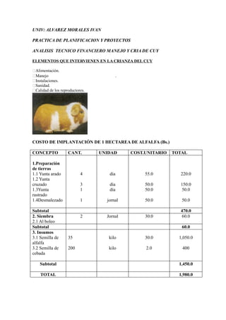 UNIV: ALVAREZ MORALES IVAN

PRACTICA DE PLANIFICACION Y PROYECTOS

ANALISIS TECNICO FINANCIERO MANEJO Y CRIA DE CUY

ELEMENTOS QUE INTERVIENEN EN LA CRIANZA DEL CUY

�Alimentación.
�Manejo                                .
�Instalaciones.
�Sanidad.
�Calidad de los reproductores.




COSTO DE IMPLANTACIÓN DE 1 HECTAREA DE ALFALFA (Bs.)

CONCEPTO            CANT.        UNIDAD     COST.UNITARIO   TOTAL

1.Preparación
de tierras
1.1 Yunta arado            4        día          55.0         220.0
1.2 Yunta
cruzado                    3        día          50.0         150.0
1.3Yunta                   1        día          50.0          50.0
rastrado
1.4Desmalezado             1       jornal        50.0          50.0

Subtotal                                                      470.0
2. Siembra                 2       Jornal        30.0          60.0
2.1 Al boleo
Subtotal                                                       60.0
3. Insumos
3.1 Semilla de      35              kilo         30.0         1,050.0
alfalfa
3.2 Semilla de      200             kilo         2.0           400
cebada

    Subtotal                                                  1,450.0

    TOTAL                                                     1,980.0
 