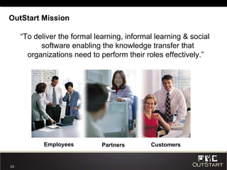 OutStart Mission “ To deliver the formal learning, informal learning & social software enabling the knowledge transfer that organizations need to perform their roles effectively.”  Employees Partners Customers 