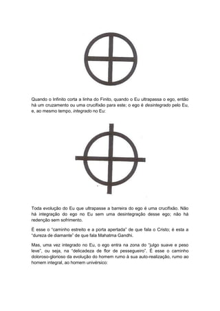 Quando o Infinito corta a linha do Finito, quando o Eu ultrapassa o ego, então
há um cruzamento ou uma crucifixão para este; o ego é desintegrado pelo Eu,
e, ao mesmo tempo, integrado no Eu:




Toda evolução do Eu que ultrapasse a barreira do ego é uma crucifixão. Não
há integração do ego no Eu sem uma desintegração desse ego; não há
redenção sem sofrimento.

É esse o “caminho estreito e a porta apertada” de que fala o Cristo; é esta a
“dureza de diamante” de que fala Mahatma Gandhi.

Mas, uma vez integrado no Eu, o ego entra na zona do “julgo suave e peso
leve”, ou seja, na “delicadeza de flor de pessegueiro”. É esse o caminho
doloroso-glorioso da evolução do homem rumo à sua auto-realização, rumo ao
homem integral, ao homem univérsico:
 