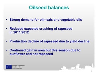 Oilseed balances <ul><li>Strong demand for oilmeals and vegetable oils </li></ul><ul><li>Reduced expected crushing of rape...