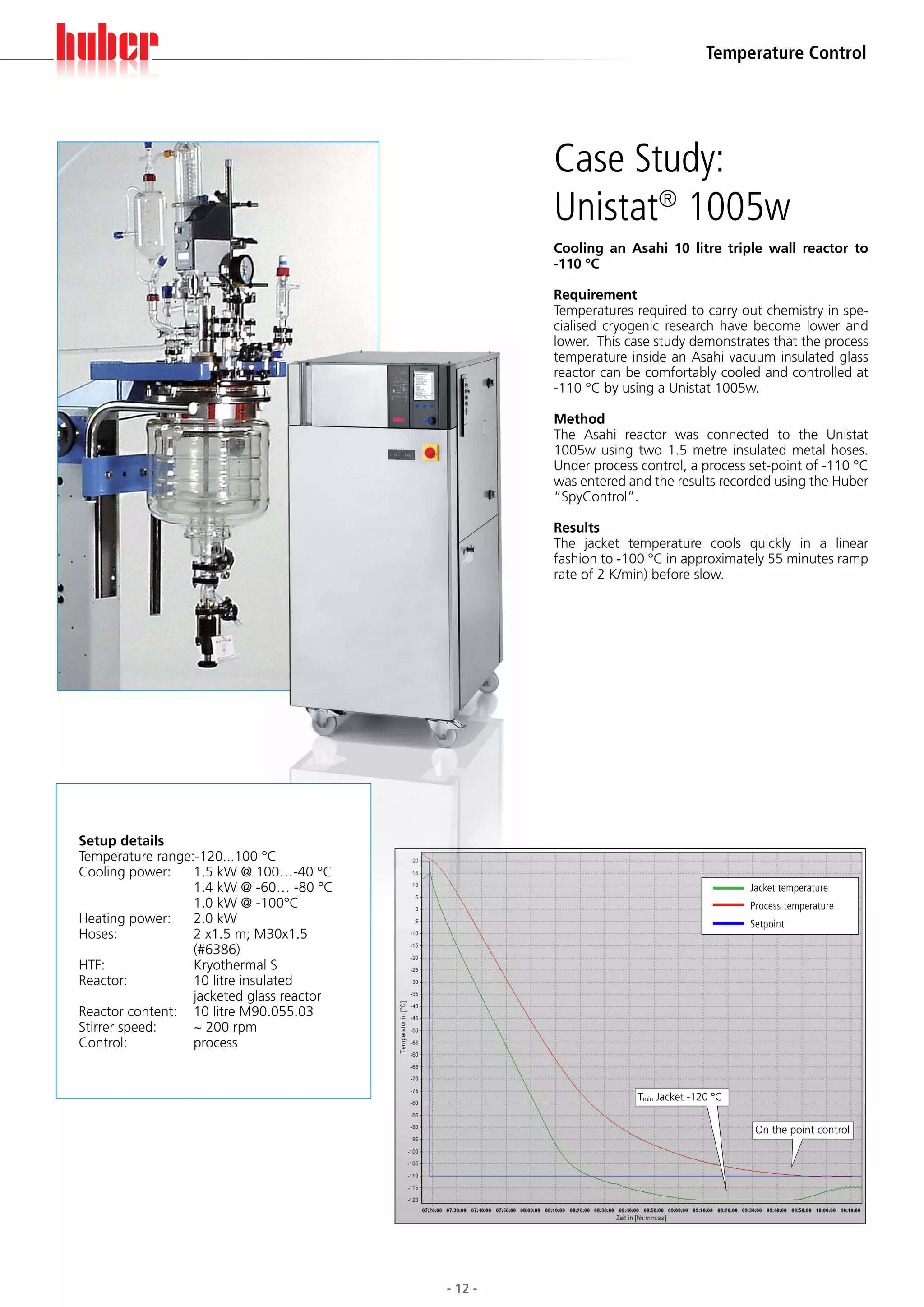 Temperature Control




                                                    Case Study:
                                                    Unistat® 1005w
                                                    Cooling an Asahi 10 litre triple wall reactor to
                                                    -110 °C

                                                    Requirement
                                                    Temperatures required to carry out chemistry in spe-
                                                    cialised cryogenic research have become lower and
                                                    lower. This case study demonstrates that the process
                                                    temperature inside an Asahi vacuum insulated glass
                                                    reactor can be comfortably cooled and controlled at
                                                    -110 °C by using a Unistat 1005w.

                                                    Method
                                                    The Asahi reactor was connected to the Unistat
                                                    1005w using two 1.5 metre insulated metal hoses.
                                                    Under process control, a process set-point of -110 °C
                                                    was entered and the results recorded using the Huber
                                                    “SpyControl”.

                                                    Results
                                                    The jacket temperature cools quickly in a linear
                                                    fashion to -100 °C in approximately 55 minutes ramp
                                                    rate of 2 K/min) before slow.




Setup details
Temperature range:-120...100 °C
Cooling power:	 1.5 kW @ 100…-40 °C
	                 1.4 kW @ -60… -80 °C                                                  Jacket temperature
	                 1.0 kW @ -100°C                                                       Process temperature
Heating power:	 2.0 kW                                                                  Setpoint
Hoses:	 x1.5 m; M30x1.5
                  2
                  (#6386)
HTF:	             Kryothermal S
Reactor:	 litre insulated
                  10
                  jacketed glass reactor
Reactor content:	 10 litre M90.055.03
Stirrer speed:	   ~ 200 rpm
Control:	process


                                                                  Tmin Jacket -120 °C


                                                                                         On the point control




                                           - 12 -
 