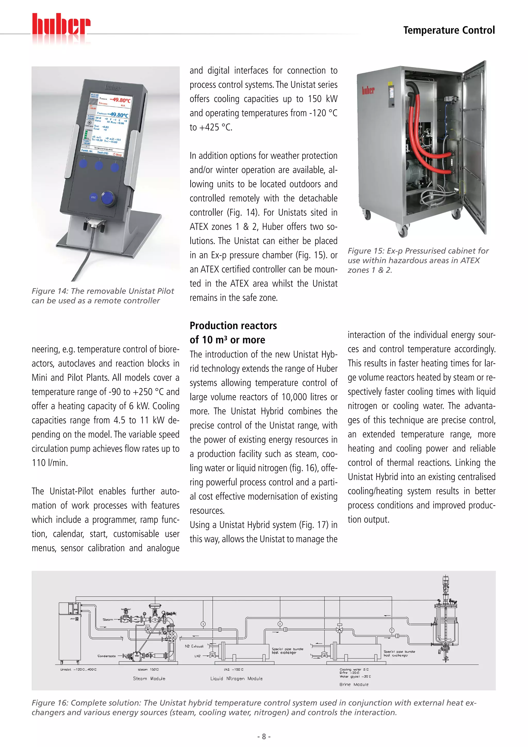 Temperature Control


                                              and digital interfaces for connection to
                                              process control systems. The Unistat series
                                              offers cooling capacities up to 150 kW
                                              and operating temperatures from -120 °C
                                              to +425 °C.

                                              In addition options for weather protection
                                              and/or winter operation are available, al-
                                              lowing units to be located outdoors and
                                              controlled remotely with the detachable
                                              controller (Fig. 14). For Unistats sited in
                                              ATEX zones 1 & 2, Huber offers two so-
                                              lutions. The Unistat can either be placed
                                                                                               Figure 15: Ex-p Pressurised cabinet for
                                              in an Ex-p pressure chamber (Fig. 15). or
                                                                                               use within hazardous areas in ATEX
                                              an ATEX certified controller can be moun-        zones 1 & 2.
                                              ted in the ATEX area whilst the Unistat
Figure 14: The removable Unistat Pilot
can be used as a remote controller            remains in the safe zone.

                                              Production reactors
                                                                                               interaction of the individual energy sour-
                                              of 10 m³ or more
neering, e.g. temperature control of biore-                                                    ces and control temperature accordingly.
                                              The introduction of the new Unistat Hyb-
actors, autoclaves and reaction blocks in                                                      This results in faster heating times for lar-
                                              rid technology extends the range of Huber
Mini and Pilot Plants. All models cover a                                                      ge volume reactors heated by steam or re-
                                              systems allowing temperature control of
temperature range of -90 to +250 °C and                                                        spectively faster cooling times with liquid
                                              large volume reactors of 10,000 litres or
offer a heating capacity of 6 kW. Cooling                                                      nitrogen or cooling water. The advanta-
                                              more. The Unistat Hybrid combines the
capacities range from 4.5 to 11 kW de-                                                         ges of this technique are precise control,
                                              precise control of the Unistat range, with
pending on the model. The variable speed                                                       an extended temperature range, more
                                              the power of existing energy resources in
circulation pump achieves flow rates up to                                                     heating and cooling power and reliable
                                              a production facility such as steam, coo-
110 l/min.                                                                                     control of thermal reactions. Linking the
                                              ling water or liquid nitrogen (fig. 16), offe-
                                                                                               Unistat Hybrid into an existing centralised
                                              ring powerful process control and a parti-
The Unistat-Pilot enables further auto-                                                        cooling/heating system results in better
                                              al cost effective modernisation of existing
mation of work processes with features                                                         process conditions and improved produc-
                                              resources.
which include a programmer, ramp func-                                                         tion output.
                                              Using a Unistat Hybrid system (Fig. 17) in
tion, calendar, start, customisable user
                                              this way, allows the Unistat to manage the
menus, sensor calibration and analogue




Figure 16: Complete solution: The Unistat hybrid temperature control system used in conjunction with external heat ex-
changers and various energy sources (steam, cooling water, nitrogen) and controls the interaction.


                                                                   -8-
 