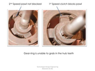 Technological design Engineering           Alexandre De Bie2nd Speed pawl not blocked1stSpeed clutch blocks pawlGear ring is unable to grab in the hub teeth