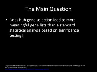 The Main Question
• Does hub gene selection lead to more
meaningful gene lists than a standard
statistical analysis based on significance
testing?
Langfelder P, Mischel PS, Horvath S (2013) When Is Hub Gene Selection Better than Standard Meta-Analysis?. PLoS ONE 8(4): e61505.
doi:10.1371/journal.pone.0061505
http://www.plosone.org/article/info:doi/10.1371/journal.pone.0061505
 