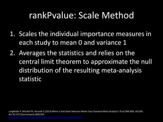 rankPvalue: Scale Method
1. Scales the individual importance measures in
each study to mean 0 and variance 1
2. Averages the statistics and relies on the
central limit theorem to approximate the null
distribution of the resulting meta-analysis
statistic
Langfelder P, Mischel PS, Horvath S (2013) When Is Hub Gene Selection Better than Standard Meta-Analysis?. PLoS ONE 8(4): e61505.
doi:10.1371/journal.pone.0061505
http://www.plosone.org/article/info:doi/10.1371/journal.pone.0061505
 