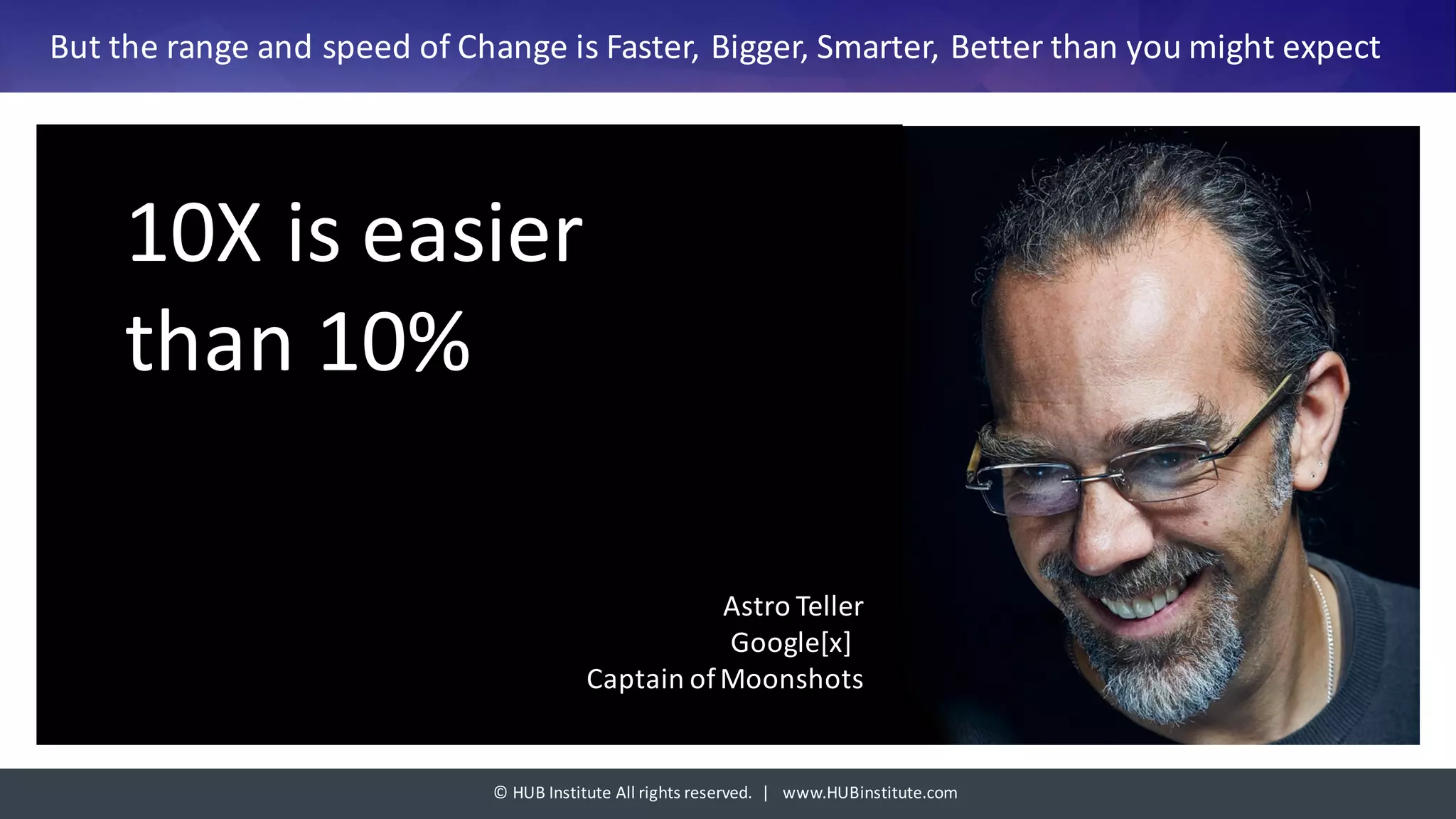 ©	HUB	Institute	All	rights	reserved.		|			www.HUBinstitute.com
But	the	range	and	speed	of	Change	is	Faster,	Bigger,	Smarter,	Better	than	you	might	expect
10X	is	easier	
than	10%
Astro	Teller
Google[x]		
Captain	of	Moonshots
 
