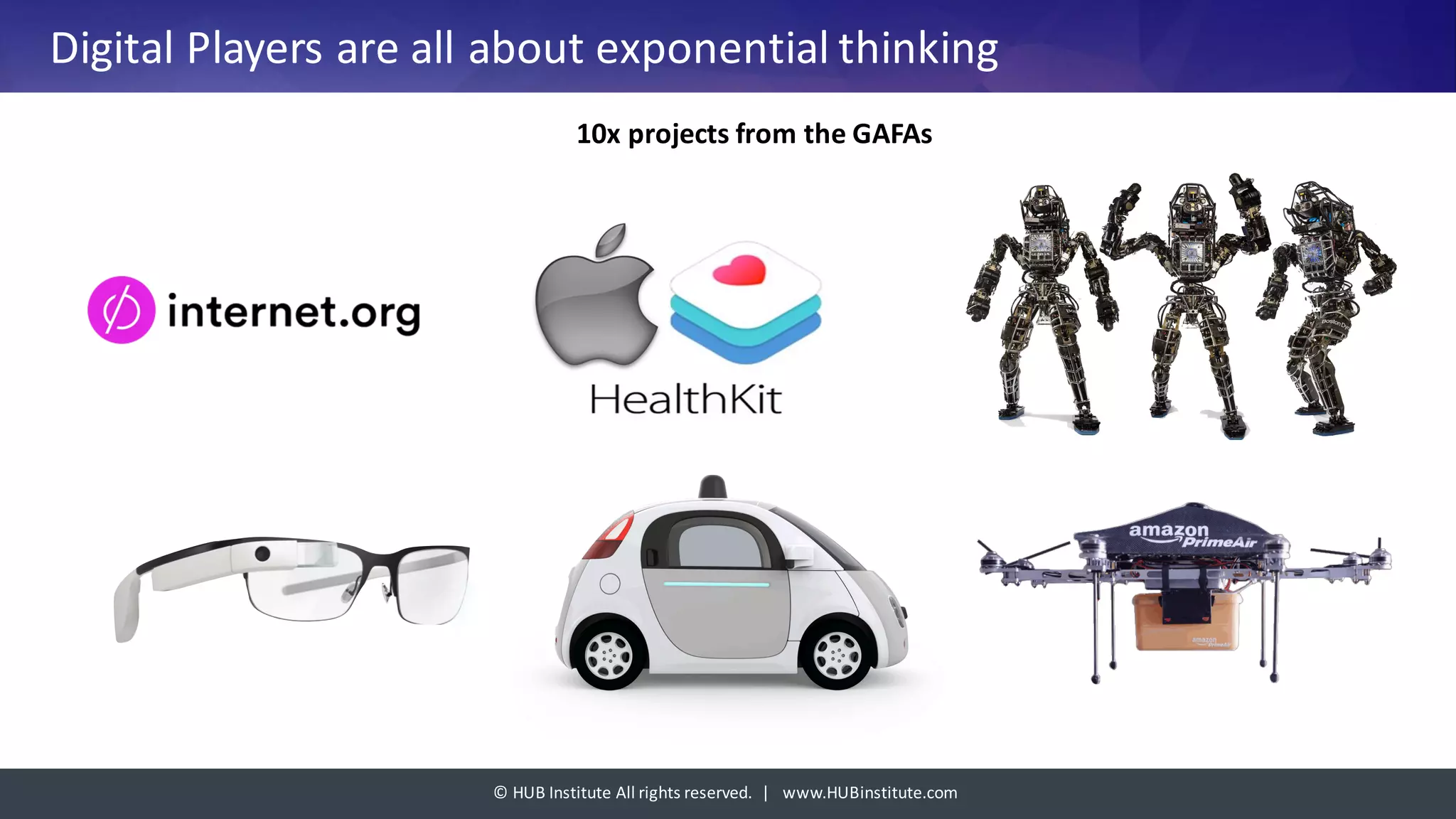 ©	HUB	Institute	All	rights	reserved.		|			www.HUBinstitute.com
Digital	Players	are	all	about	exponential	thinking
10x	projects	from	the	GAFAs
 