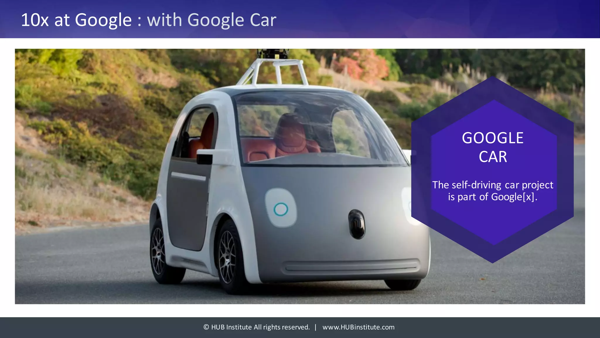 ©	HUB	Institute	All	rights	reserved.		|			www.HUBinstitute.com
10x	at	Google	:	with	Google	Car
GOOGLE
CAR
The	self-driving	car	project	
is	part	of	Google[x].
 