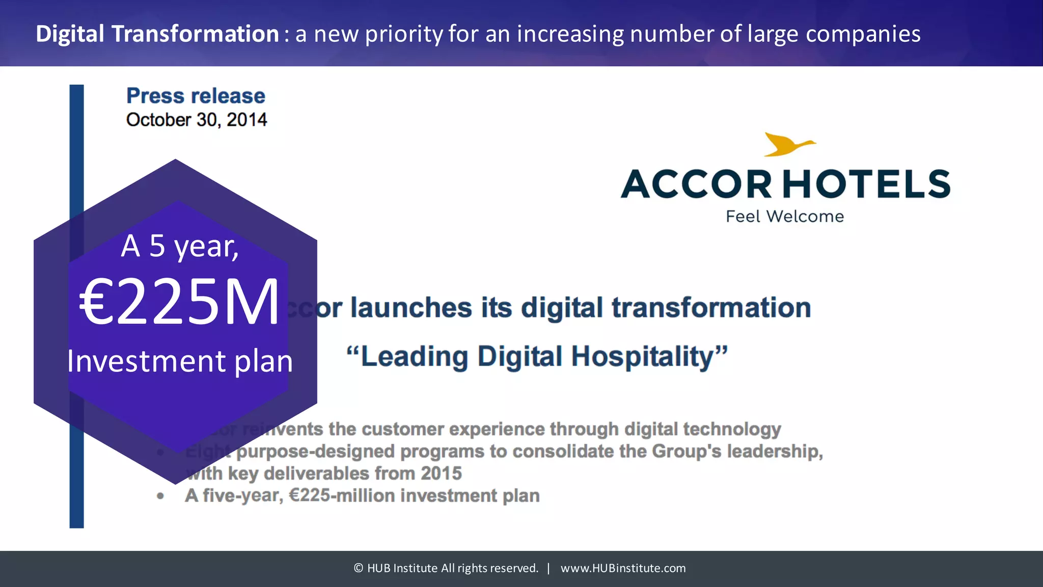 ©	HUB	Institute	All	rights	reserved.		|			www.HUBinstitute.com
Digital	Transformation	:	a	new	priority	for	an	increasing	number	of	large	companies
A	5	year,
€225M
Investment	plan	
 