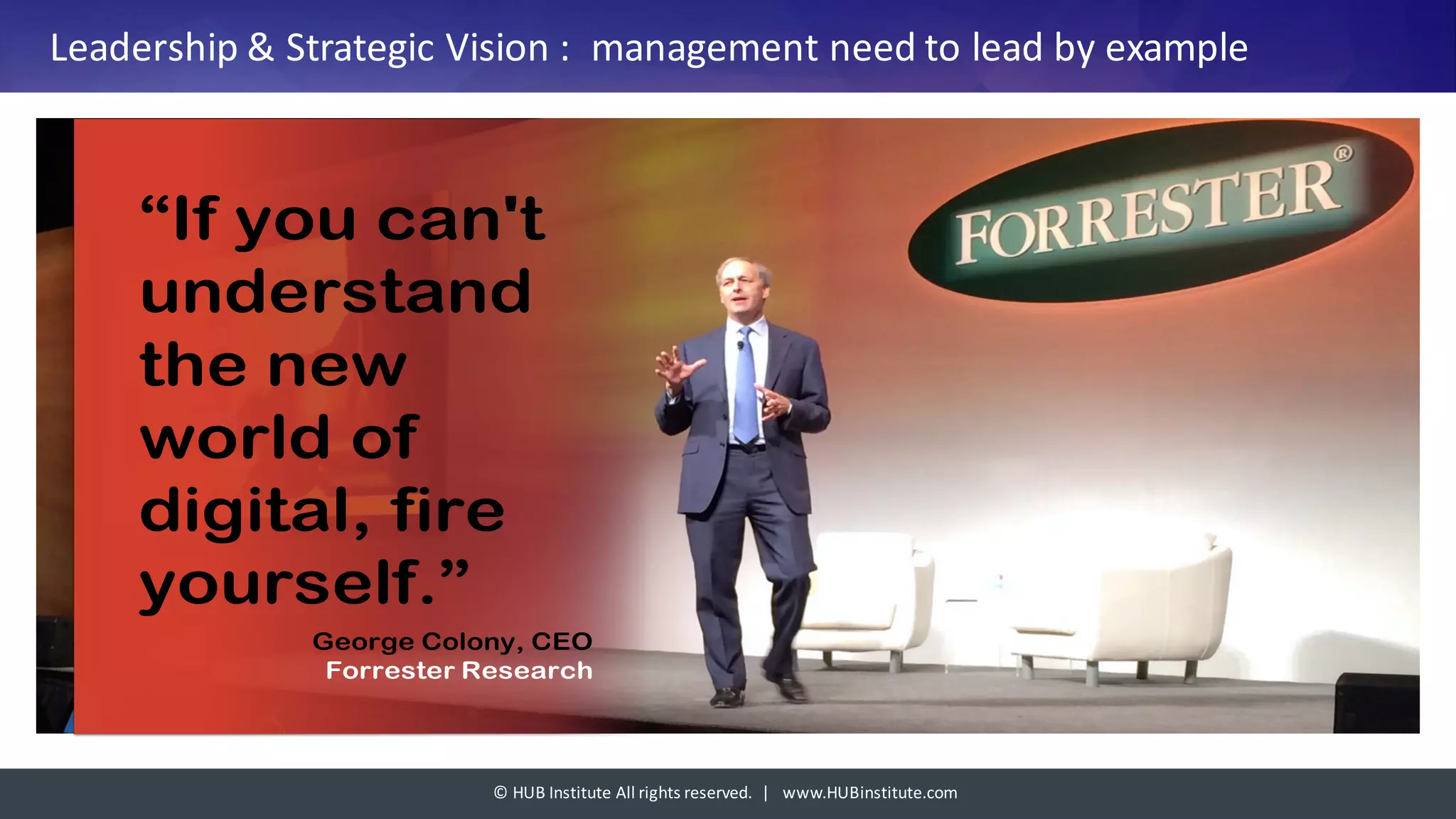©	HUB	Institute	All	rights	reserved.		|			www.HUBinstitute.com
Leadership	&	Strategic	Vision	:	 management	need	to	lead	by	example
“If you can't
understand
the new
world of
digital, fire
yourself.”
George Colony, CEO
Forrester Research
 