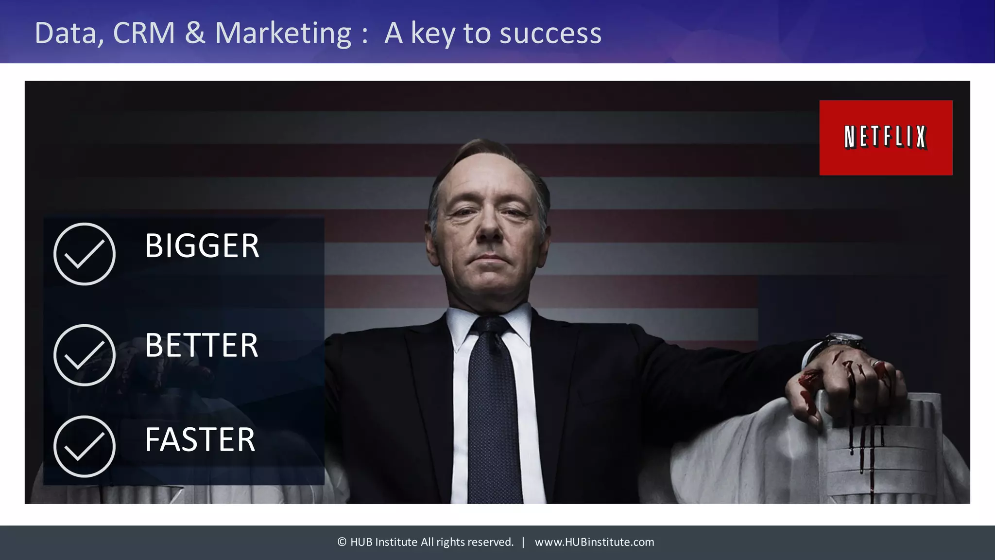 ©	HUB	Institute	All	rights	reserved.		|			www.HUBinstitute.com
Data,	CRM &	Marketing :	 A	key	to	success
BIGGER
BETTER	
FASTER
 