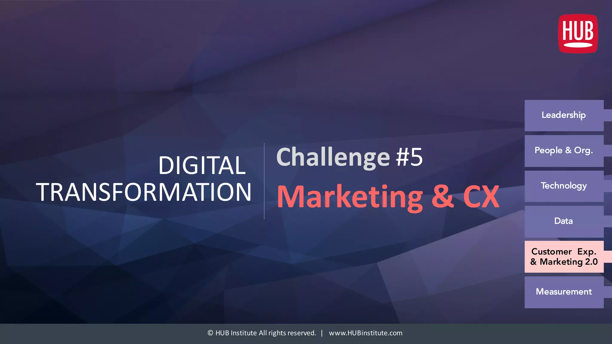 ©	HUB	Institute	All	rights	reserved.		|			www.HUBinstitute.com
DIGITAL	
TRANSFORMATION
Challenge #5
Customer Exp.
& Marketing 2.0
Technology
Data
Measurement
People & Org.
Leadership
Marketing	&	CX
 