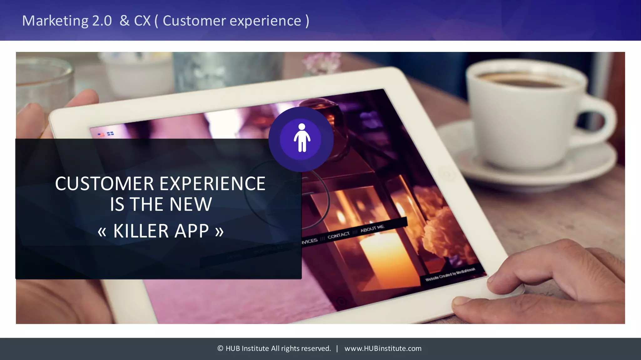 ©	HUB	Institute	All	rights	reserved.		|			www.HUBinstitute.com
Marketing	2.0		&	CX	(	Customer	experience	)
CUSTOMER	EXPERIENCE	
IS	THE	NEW
« KILLER	APP »
 
