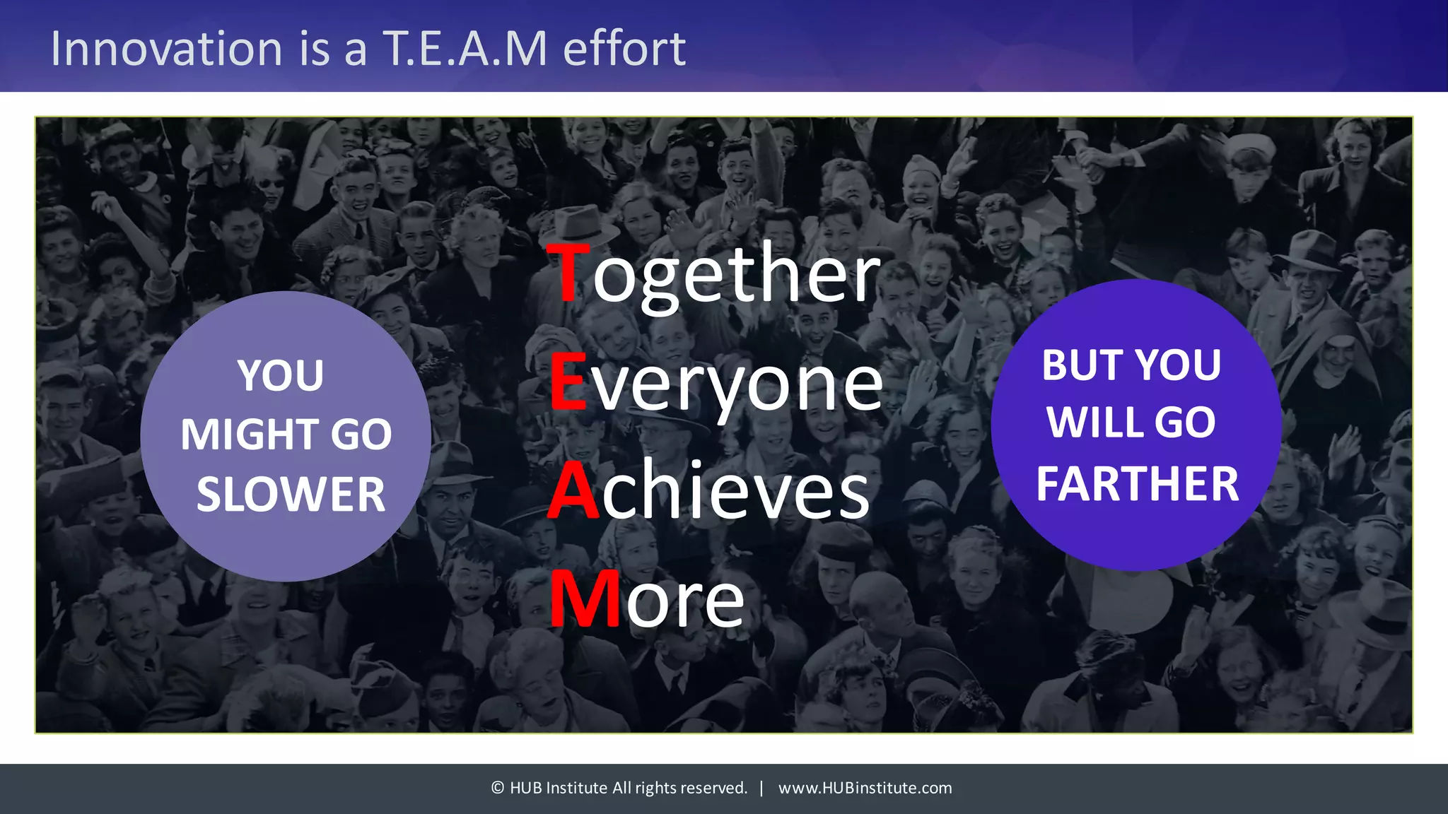 ©	HUB	Institute	All	rights	reserved.		|			www.HUBinstitute.com
Innovation	is	a	T.E.A.M	effort	
Together
Everyone	
Achieves
More
YOU	
MIGHT	GO
SLOWER
BUT	YOU	
WILL	GO	
FARTHER
 