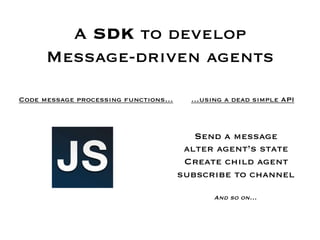 A SDK to develop 
      Message-driven agents

Code message processing functions…     …using a dead simple API



                                        Send a message
                                      alter agent’s state
                                      Create child agent
                                     subscribe to channel
                                               
                                            And so on…
 