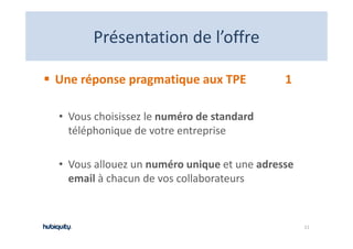 Présentation de l offre
       Présentation de l’offre

Une réponse pragmatique aux TPE             1

• Vous choisissez le numéro de standard 
  téléphonique de votre entreprise

• Vous allouez un numéro unique et une adresse 
  email à chacun de vos collaborateurs
        à chacun de vos collaborateurs


                                                  11
 