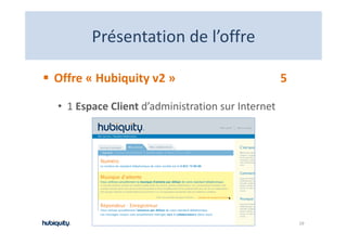 Présentation de l offre
       Présentation de l’offre

Offre « Hubiquity v2 »                            5

• 1 Espace Client d’administration sur Internet




                                                      19
 