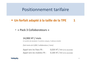 Positionnement tarifaire
     Positionnement tarifaire

Un forfait adapté à la taille de la TPE                                        1

• « Pack 3 Collaborateurs »

      14,90€ HT / mois
        ,       /
      (1 numéro de standard, 3 numéros uniques, 3 adresse emails)

      [Soit moins de 5,00€ / collaborateur / mois]

      Appel vers les fixes FR :                 0,02€ HT / mn (à la seconde)
      Appel vers les mobiles FR :
       pp                                       0,10€ HT / mn (à la seconde)

                                                                                   21
 