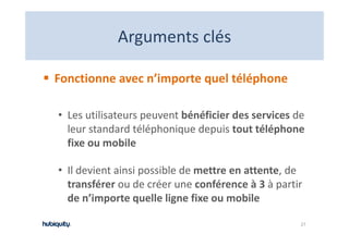 Arguments clés
            Arguments clés

Fonctionne avec n’importe quel téléphone

• Les utilisateurs peuvent bénéficier des services de 
  leur standard téléphonique depuis tout téléphone 
  fixe ou mobile

• Il devient ainsi possible de mettre en attente, de 
  transférer ou de créer une conférence à 3 à partir 
  de n’importe quelle ligne fixe ou mobile

                                                    27
 