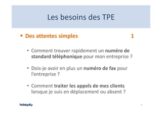 Les besoins des TPE
         Les besoins des TPE

Des attentes simples                             1

• Comment trouver rapidement un numéro de 
  standard téléphonique pour mon entreprise ?
  standard téléphonique pour mon entreprise ?

• Dois‐je avoir en plus un numéro de fax pour 
        j          p                     p
  l’entreprise ?

• Comment traiter les appels de mes clients 
  lorsque je suis en déplacement ou absent ?

                                                     3
 