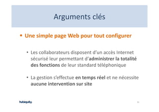 Arguments clés
            Arguments clés

Une simple page Web pour tout configurer

• Les collaborateurs disposent d’un accès Internet 
  sécurisé leur permettant d’administrer la totalité
  des fonctions de leur standard téléphonique

• La gestion s’effectue en temps réel et ne nécessite 
  aucune intervention sur site


                                                       31
 