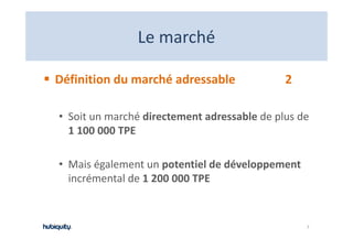 Le marché
               Le marché

Définition du marché adressable              2

• Soit un marché directement adressable de plus de 
  1 100 000 TPE

• Mais également un potentiel de développement 
  incrémental de 1 200 000 TPE
  incrémental de 1 200 000 TPE


                                                  7
 