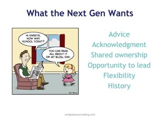 What the Next Gen Wants
Advice
Acknowledgment
Shared ownership
Opportunity to lead
Flexibility
History

emilydavisconsulting.com

 