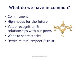 What do we have in common?
• Commitment
• High hopes for the future
• Value recognition &
relationships with our peers
• Want to share stories
• Desire mutual respect & trust

emilydavisconsulting.com

 