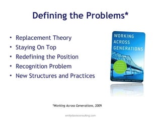 Defining the Problems*
• Replacement Theory
• Staying On Top
• Redefining the Position
• Recognition Problem
• New Structures and Practices

*Working Across Generations, 2009
emilydavisconsulting.com

 