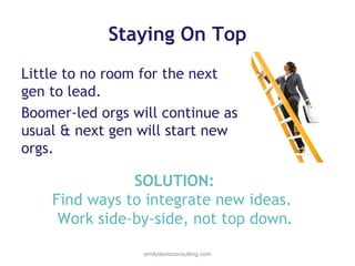 Staying On Top
Little to no room for the next
gen to lead.
Boomer-led orgs will continue as
usual & next gen will start new
orgs.

SOLUTION:
Find ways to integrate new ideas.
Work side-by-side, not top down.
emilydavisconsulting.com

 