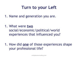 Turn to your Left
1. Name and generation you are.
1. What were two
social/economic/political/world
experiences that influenced you?
1. How did one of those experiences shape
your professional life?
emilydavisconsulting.com

 