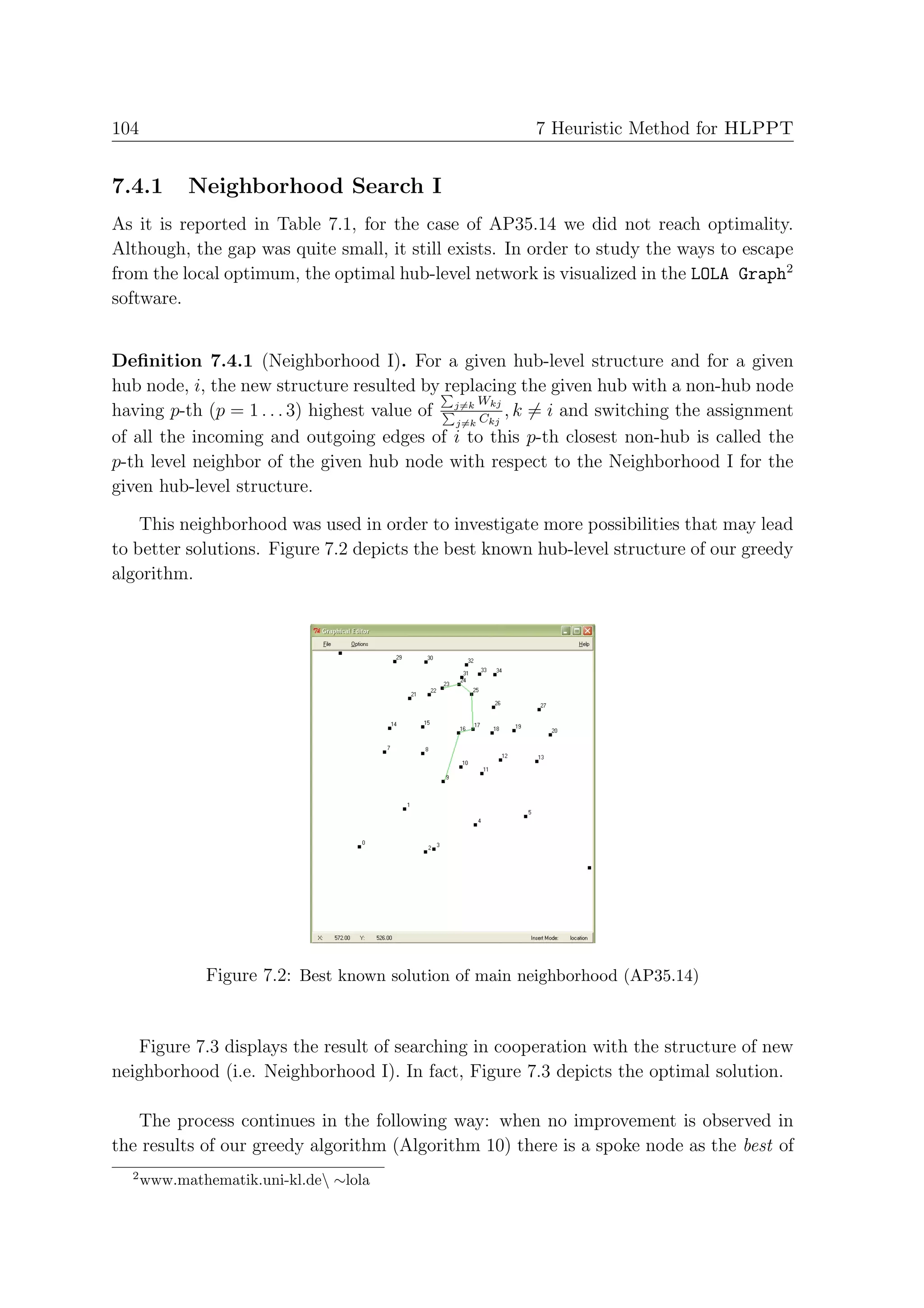 104                                                    7 Heuristic Method for HLPPT


7.4.1       Neighborhood Search I
As it is reported in Table 7.1, for the case of AP35.14 we did not reach optimality.
Although, the gap was quite small, it still exists. In order to study the ways to escape
from the local optimum, the optimal hub-level network is visualized in the LOLA Graph2
software.


Deﬁnition 7.4.1 (Neighborhood I). For a given hub-level structure and for a given
hub node, i, the new structure resulted by replacing the given hub with a non-hub node
                                                 Wkj
having p-th (p = 1 . . . 3) highest value of j=k Ckj , k = i and switching the assignment
                                             j=k
of all the incoming and outgoing edges of i to this p-th closest non-hub is called the
p-th level neighbor of the given hub node with respect to the Neighborhood I for the
given hub-level structure.

    This neighborhood was used in order to investigate more possibilities that may lead
to better solutions. Figure 7.2 depicts the best known hub-level structure of our greedy
algorithm.




              Figure 7.2: Best known solution of main neighborhood (AP35.14)


   Figure 7.3 displays the result of searching in cooperation with the structure of new
neighborhood (i.e. Neighborhood I). In fact, Figure 7.3 depicts the optimal solution.

   The process continues in the following way: when no improvement is observed in
the results of our greedy algorithm (Algorithm 10) there is a spoke node as the best of
  2
      www.mathematik.uni-kl.de ∼lola
 
