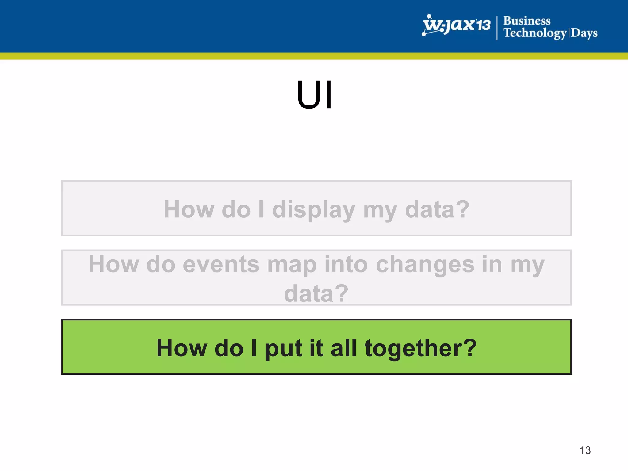 UI
How do I display my data?

How do events map into changes in my
data?
How do I put it all together?

13

 