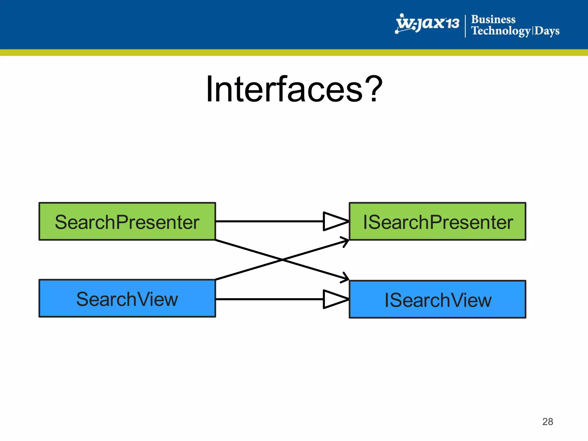 Interfaces?

SearchPresenter

ISearchPresenter

SearchView

ISearchView

28

 