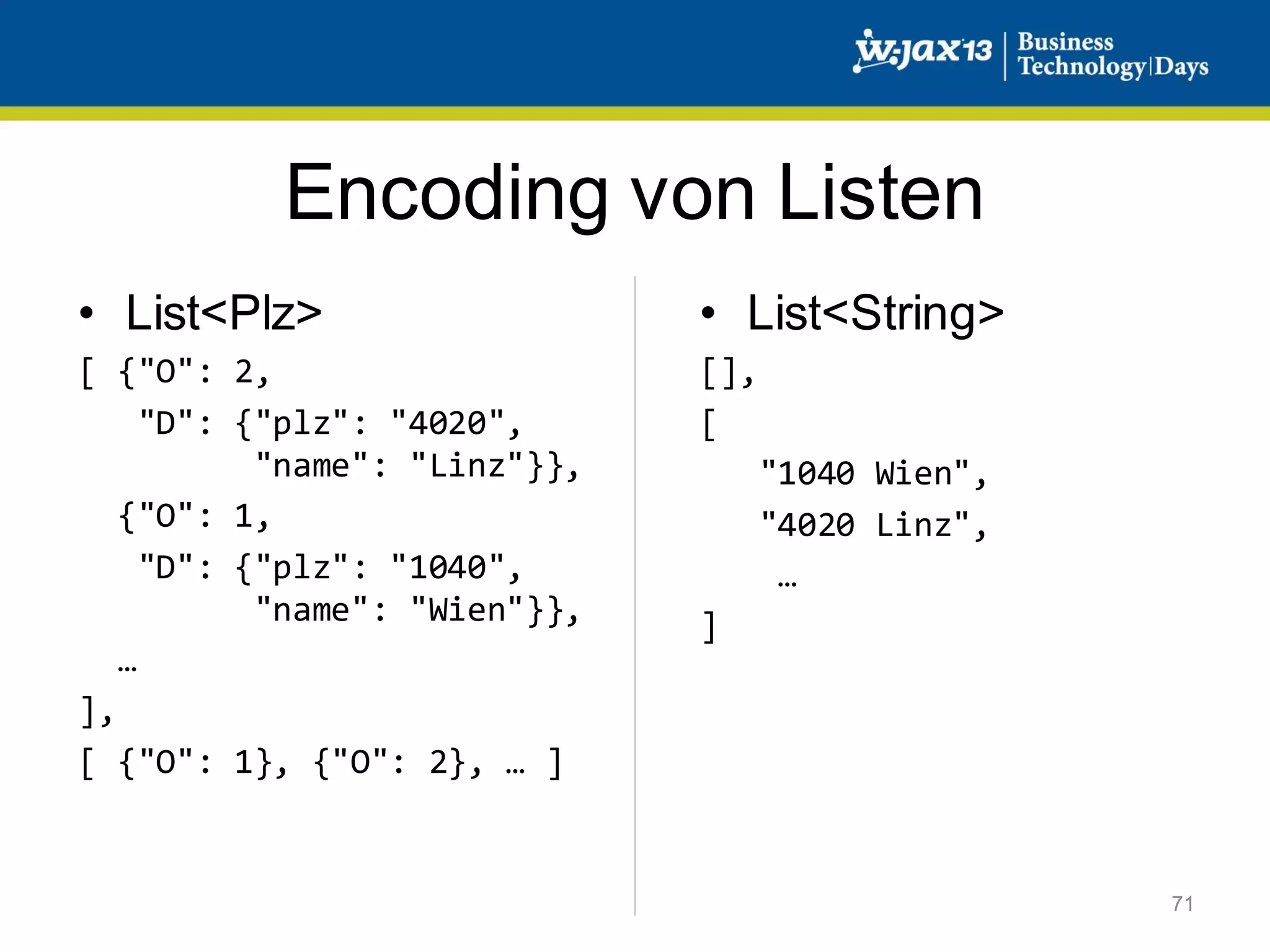 Encoding von Listen
• List<Plz>

• List<String>

[ {"O": 2,
"D": {"plz": "4020",
"name": "Linz"}},
{"O": 1,
"D": {"plz": "1040",
"name": "Wien"}},
…
],
[ {"O": 1}, {"O": 2}, … ]

[],
[
"1040 Wien",
"4020 Linz",
…
]

71

 