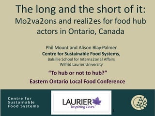 The long and the short of it:
Mo2va2ons and reali2es for food hub
actors in Ontario, Canada
Phil Mount and Alison Blay-‐Palmer
Centre for Sustainable Food Systems,
Balsillie School for Interna2onal Aﬀairs
Wilfrid Laurier University
“To hub or not to hub?”
Eastern Ontario Local Food Conference
1
 