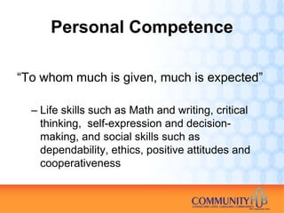 Personal Competence

“To whom much is given, much is expected”

  – Life skills such as Math and writing, critical
    thinking, self-expression and decision-
    making, and social skills such as
    dependability, ethics, positive attitudes and
    cooperativeness
 