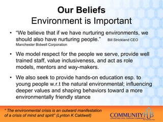 Our Beliefs
              Environment is Important
   • “We believe that if we have nurturing environments, we
     should also have nurturing people.” Bill Strickland CEO
      Manchester Bidwell Corporation

   • We model respect for the people we serve, provide well
     trained staff, value inclusiveness, and act as role
     models, mentors and way-makers.
   • We also seek to provide hands-on education esp. to
     young people w.r.t the natural environmental; influencing
     deeper values and shaping behaviors toward a more
     environmentally friendly stance

“ The environmental crisis is an outward manifestation
of a crisis of mind and spirit” (Lynton K Caldwell)
 