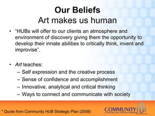 Our Beliefs
                   Art makes us human
    • “HUBs will offer to our clients an atmosphere and
      environment of discovery giving them the opportunity to
      develop their innate abilities to critically think, invent and
      improvise”.

    • Art teaches:
       – Self expression and the creative process
       – Sense of confidence and accomplishment
       – Innovative, analytical and critical thinking
       – Ways to connect and communicate with society


* Quote from Community HUB Strategic Plan (2008)
 