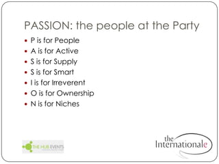 PASSION: the people at the PartyP is for PeopleA is for ActiveS is for SupplyS is for SmartI is for IrreverentO is for OwnershipN is for Niches