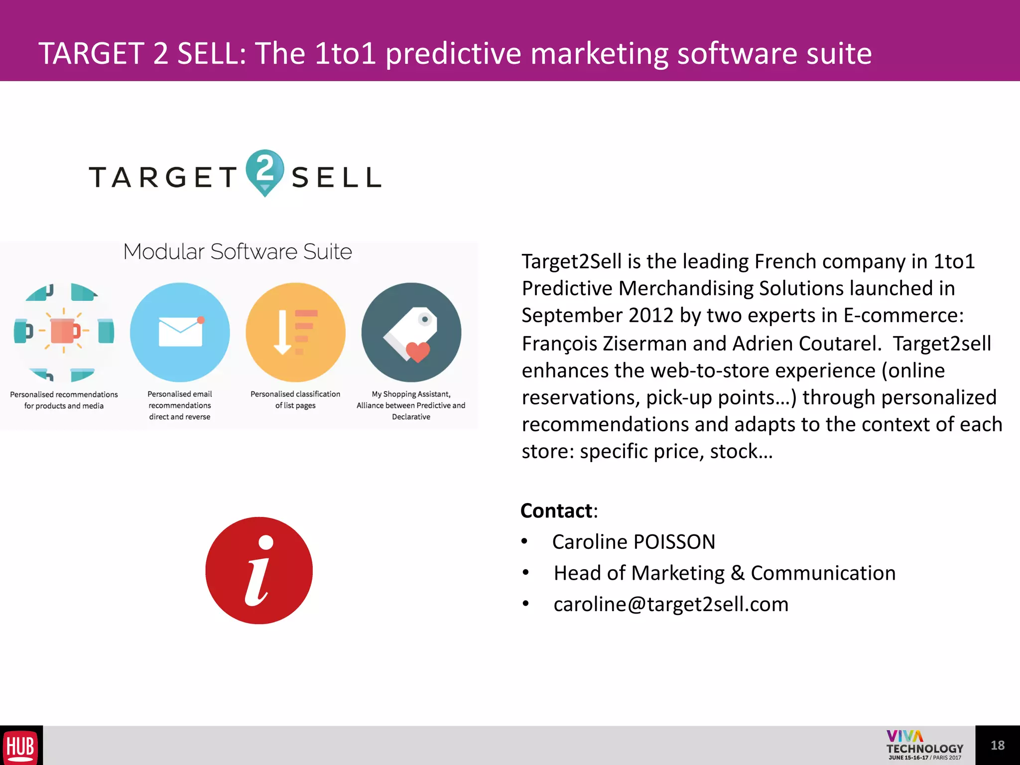 18
DATABERRIES: Drive to store - Reinventing offline marketing
Real	
  life	
  targeting	
  and	
  offline	
  measurement	
  to	
  
boost	
  in-­‐store	
  traffic.	
  
Databerries	
  is	
  the	
  largest	
  continuous	
  targeting	
  
geolocation	
  database	
  in	
  the	
  world.	
  
Contact:	
  	
  
• Antoine	
  VERSELDER	
  	
  
• Marketing	
  
• antoine.v@databerries.com
 