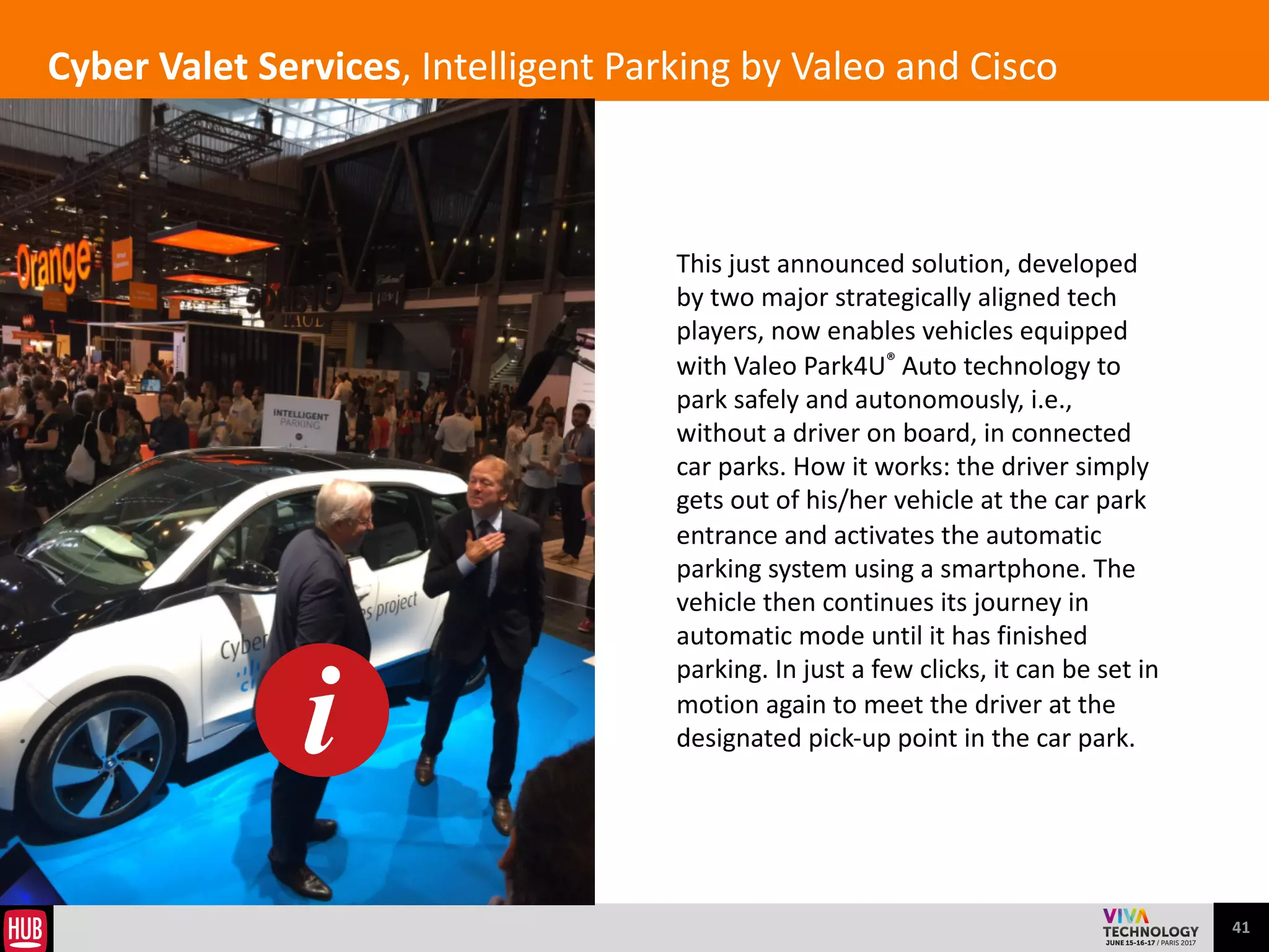 41
Mobility as a service with autonomous cars
European	
  automakers	
  have	
  to	
  
collaborate	
  with	
  startups,	
  cities	
  and	
  
the	
  Silicon	
  Valley	
  giants	
  to	
  have	
  a	
  
chance	
  to	
  succeed	
  in	
  the	
  
autonomous	
  cars	
  market.	
  
Johan	
  Jungwirth,	
  Volkswagen	
  Group	
  
The	
  question	
  is	
  not	
  about	
  who	
  is	
  
prototyping	
  the	
  best	
  car,	
  but	
  to	
  
provide	
  to	
  humanity	
  safe	
  and	
  
intelligent	
  mobility	
  and	
  
transportation	
  services.	
  
Orit	
  Shifman,	
  OSR	
  Enterprises	
  AG	
  
 