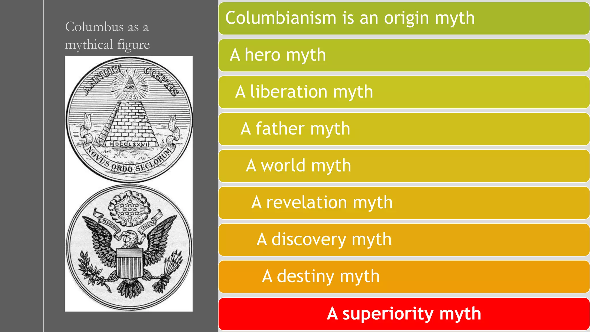 Columbus as a
mythical figure
Columbianism is an origin myth
A hero myth
A liberation myth
A father myth
A world myth
A revelation myth
A discovery myth
A destiny myth
A superiority myth
 