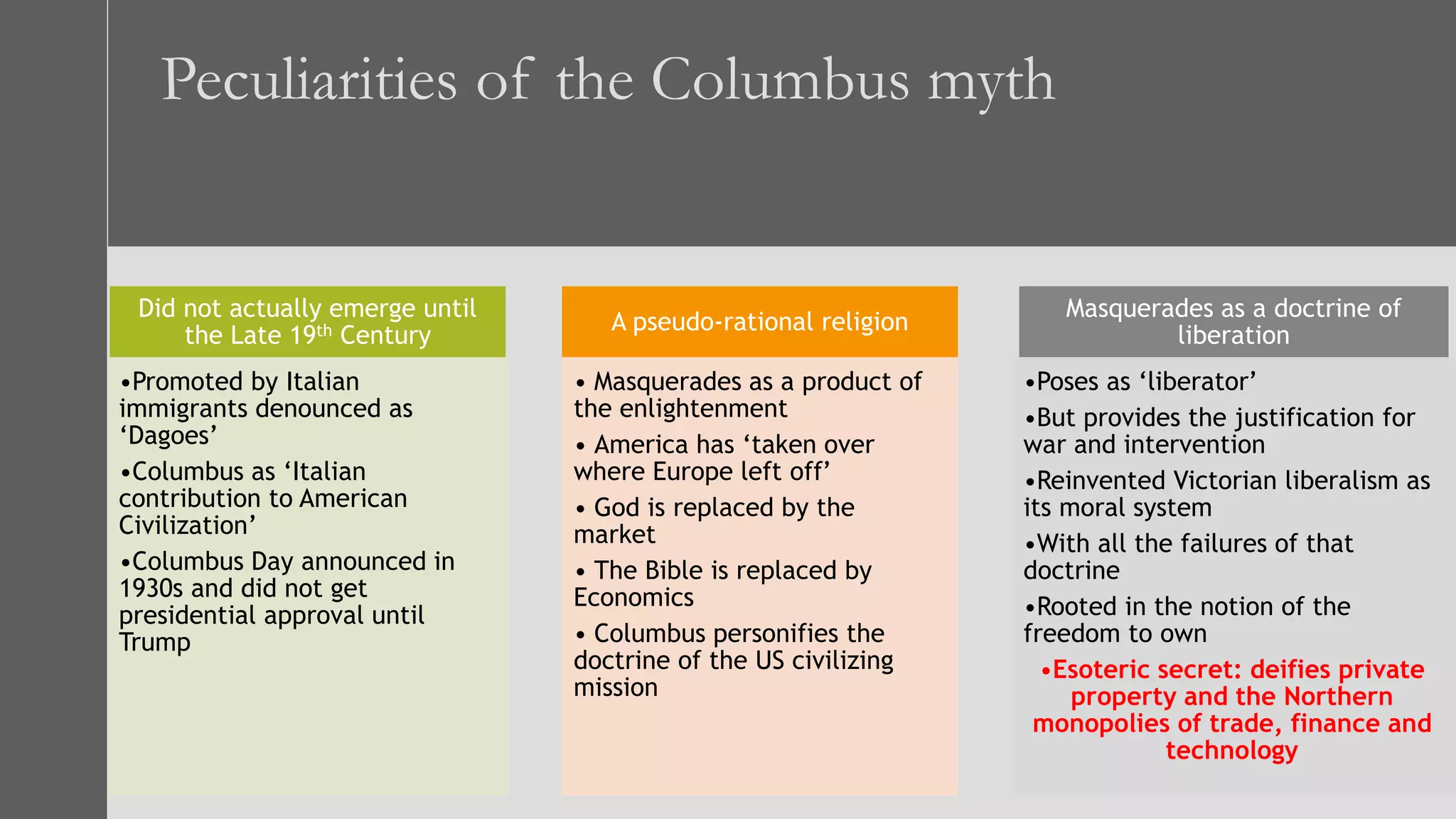 Peculiarities of the Columbus myth
Did not actually emerge until
the Late 19th Century
•Promoted by Italian
immigrants denounced as
‘Dagoes’
•Columbus as ‘Italian
contribution to American
Civilization’
•Columbus Day announced in
1930s and did not get
presidential approval until
Trump
A pseudo-rational religion
• Masquerades as a product of
the enlightenment
• America has ‘taken over
where Europe left off’
• God is replaced by the
market
• The Bible is replaced by
Economics
• Columbus personifies the
doctrine of the US civilizing
mission
Masquerades as a doctrine of
liberation
•Poses as ‘liberator’
•But provides the justification for
war and intervention
•Reinvented Victorian liberalism as
its moral system
•With all the failures of that
doctrine
•Rooted in the notion of the
freedom to own
•Esoteric secret: deifies private
property and the Northern
monopolies of trade, finance and
technology
 