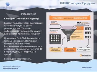 HUBRUS сегодня: Продукты
Ретаргетинг
Категории (Site-Visit Retargeting)
Возврат пользователей, смотревших
категории/услуги на сайте
рекламодателя. Теплая и
эффективная аудитория. На закупку
планируется постоянный бюджет.
Оцениваем Post-Click-Conversion и
прямые конверсии. Исключаем
купивших пользователей.
Рассчитываем эффективную частоту,
например, показывать с Частотой 10
в первый день, 5 - второй, 3 - в
третий.
Важно доконвертировать.
Технологии оптимизации
Рекламных бюджетов

www.hubrus.ru

 